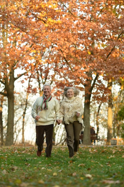 Senior couple running in park