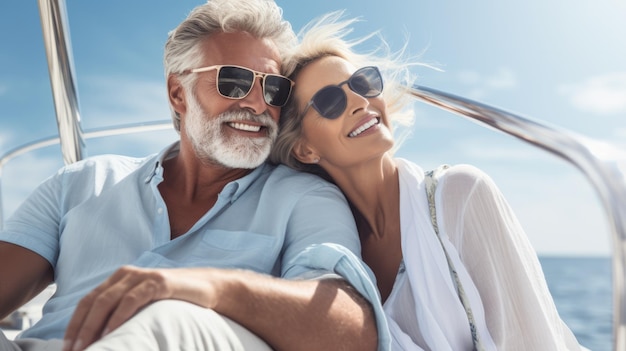 Пожилая пара, путешествующая на роскошной яхте во время активного выхода на пенсию. Запланируйте страхование жизни для счастливого выхода на пенсию.