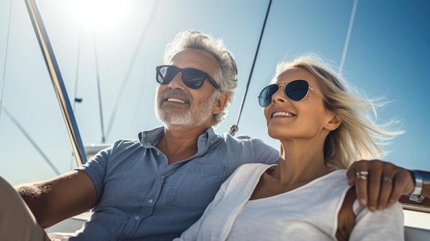 Senior couple sailing luxury yacht during their active retirement Plan life insurance of happy retirement