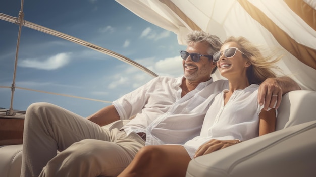 Senior couple sailing luxury yacht during their active retirement Plan life insurance of happy retirement