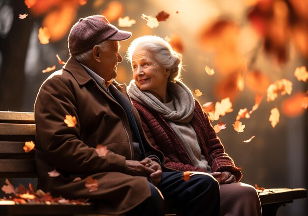 Senior couple sitting on garden bench in autumn with falling leaves Tenderness and complicity