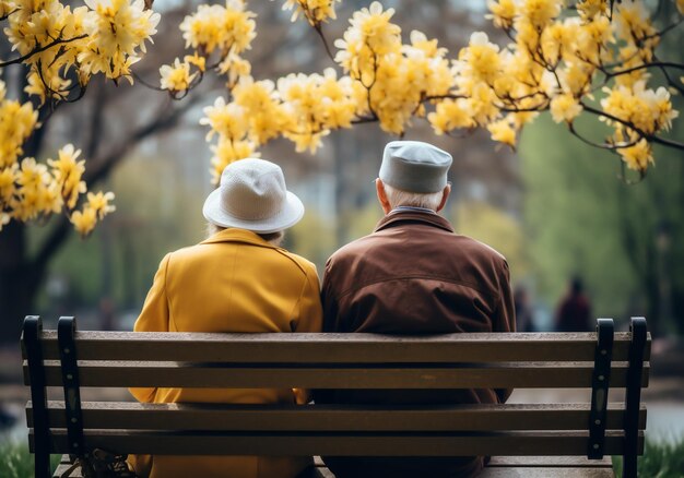 Foto coppia anziana seduta su una panchina in giardino in primavera tendenza e complicità parco fiorito ai