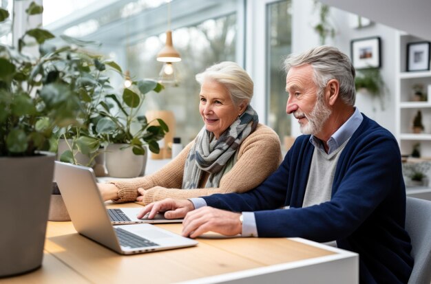 Photo senior couple smiling at each other as they use a laptop