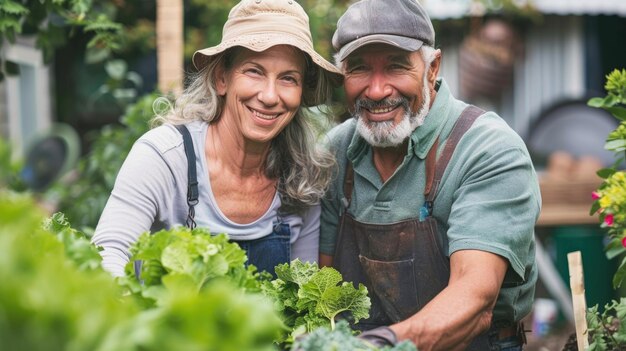 Senior couple smiling in a garden with fresh vegetables