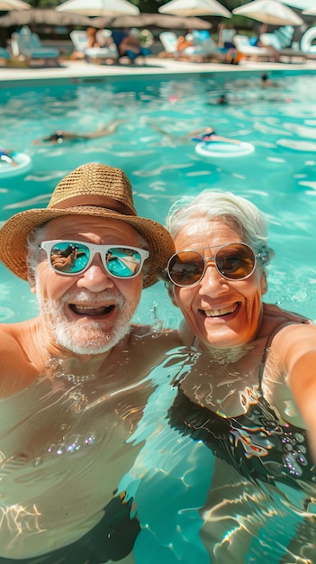 Senior Couple Smiling Underwater in Swimming Pool