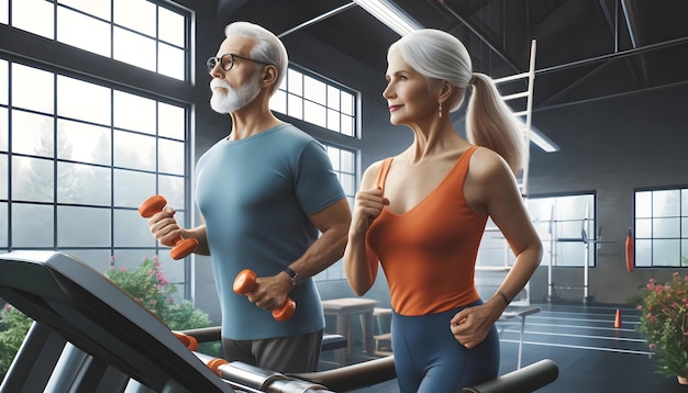 Photo senior couple stays fit in a gym man with dumbbells and woman on treadmill among exercise equipment