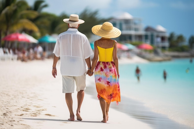 美しい砂浜を手をつないで散歩するシニア夫婦