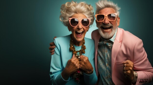 Photo senior couple in stylish outfits laughing and having fun together against a teal background