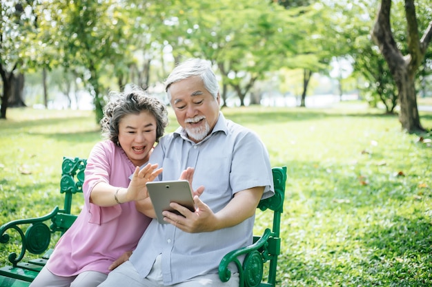 Senior couple taking a selfie photo with smart phone in a park