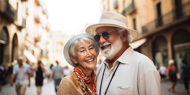 Senior couple on their way walking down a city street Generative AI