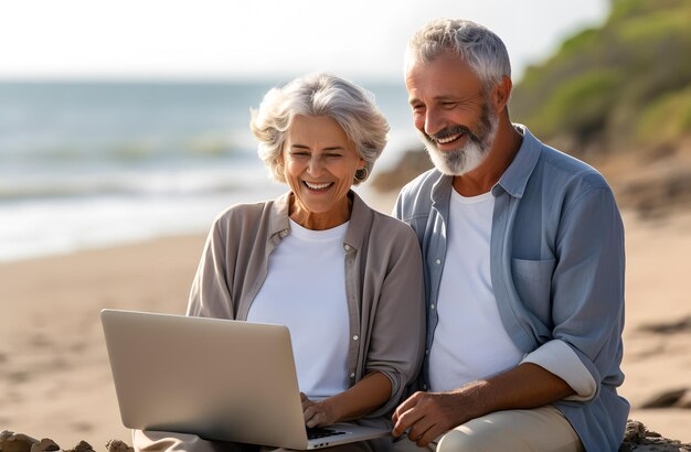 Senior couple using laptop on the beach They are looking each other and smiling