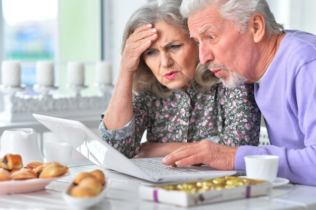 Senior couple using laptop at home