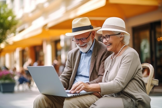 Пожилая пара с ноутбуком Пожилая пара на пенсии с ноутбуком на открытом воздухе Генеративный ИИ