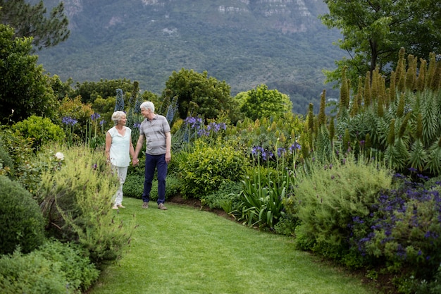 Senior couple walking in lawn