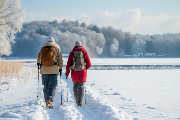 写真 高齢者カップルがノルディックウォーキングポールで雪に覆われた湖を歩いています