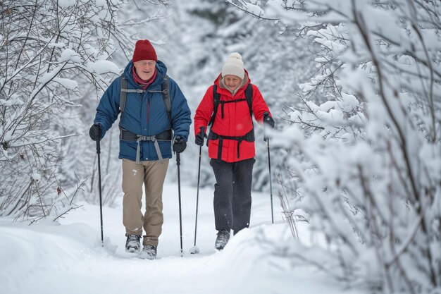 Senior Couple Walking With Nordic Walking Poles Together in a SnowCovered Forest