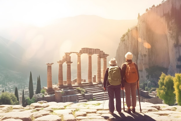 senior couple with backpack in font of Ancient Ruins