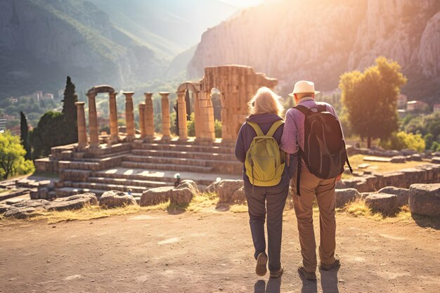 senior couple with backpack in font of Ancient Ruins