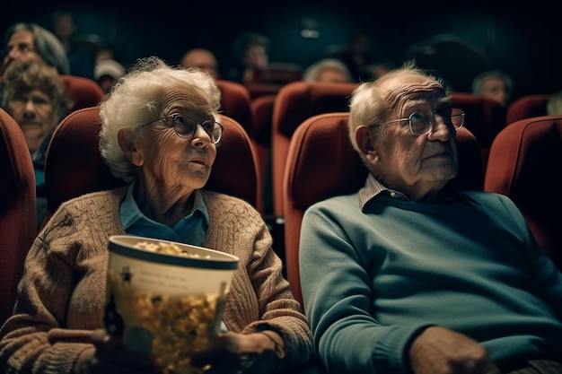 Пожилая пара с попкорном в кинотеатре Generative AI