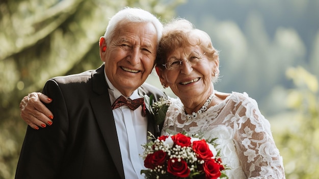 senior couple with red flowers