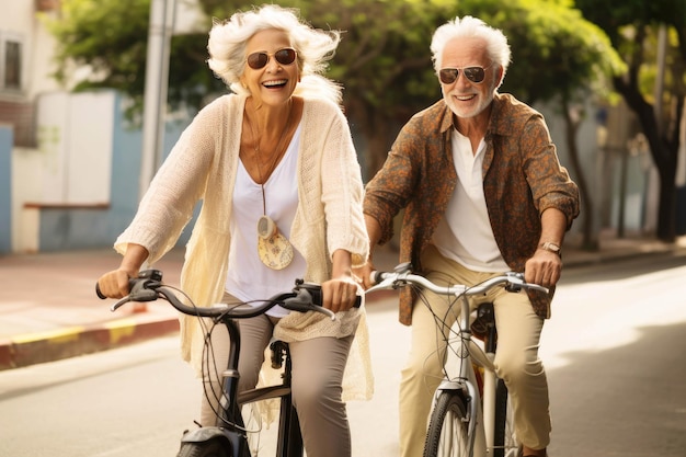 A senior couple with white hair rides a bicycle around the city