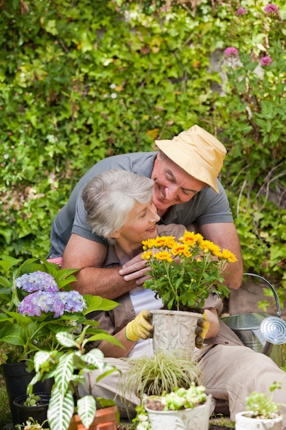 Senior couple working in the garden