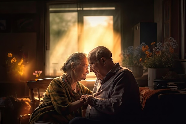 Senior couples take care of each other together time in their living room Generative AI