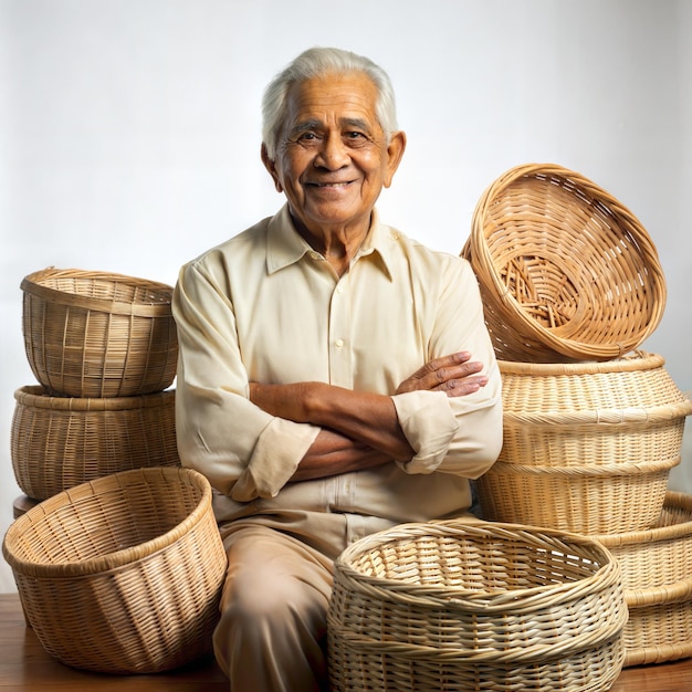 Senior craftsman smiling with handmade wicker baskets