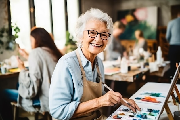 Senior dame kunstenaar geniet van schilderen in de studio met haar vrienden gecreëerd met Generative Ai Technology