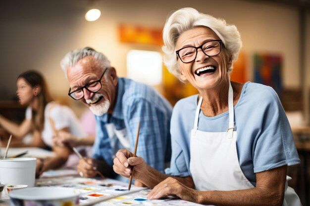 Foto senior dame kunstenaar geniet van schilderen in de studio met haar vrienden