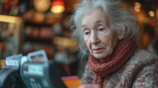 Senior dame met een creditcard geconcentreerde uitdrukking in een gezellige café sfeer