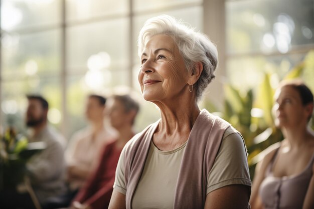 Foto senior dames doen yoga binnen.