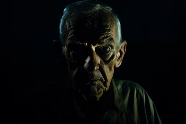 Foto senior in un ritratto scuro con ombre profonde e uno sguardo minaccioso
