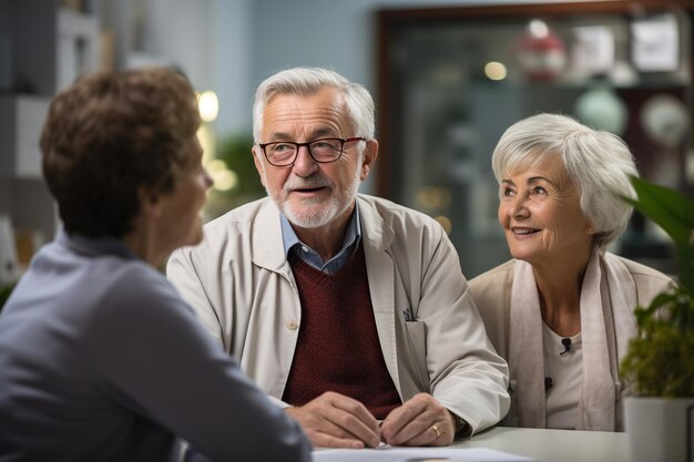 Photo senior doctor consult older couple about healthcare