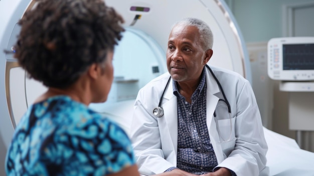 Foto un medico anziano discute con un paziente in una stanza d'ospedale