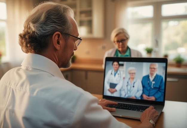 Старший врач, рассматривающий информацию о пациенте на ноутбуке, подчеркивает использование технологий в современном мире.