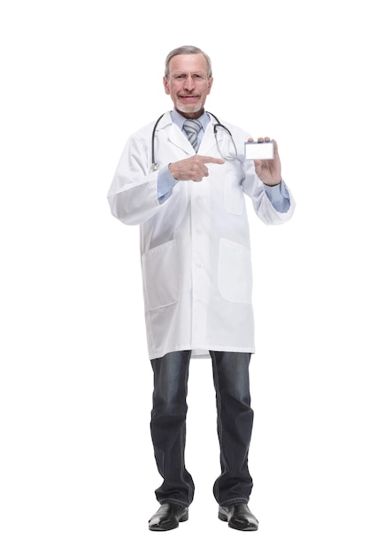 Senior doctor showing business card and thumbs up isolated on white background