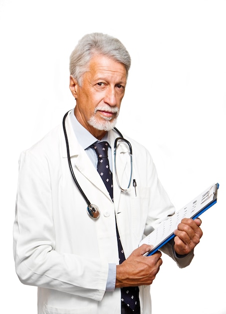 Senior doctor on white background