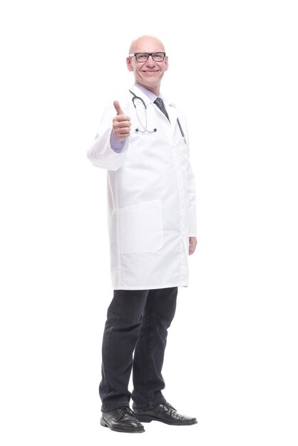 Senior doctor with a stethoscope isolated on a white