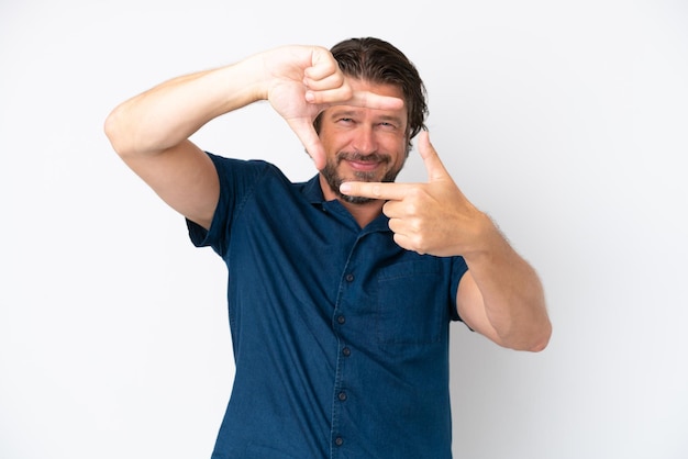 Senior dutch man isolated on white background focusing face. Framing symbol