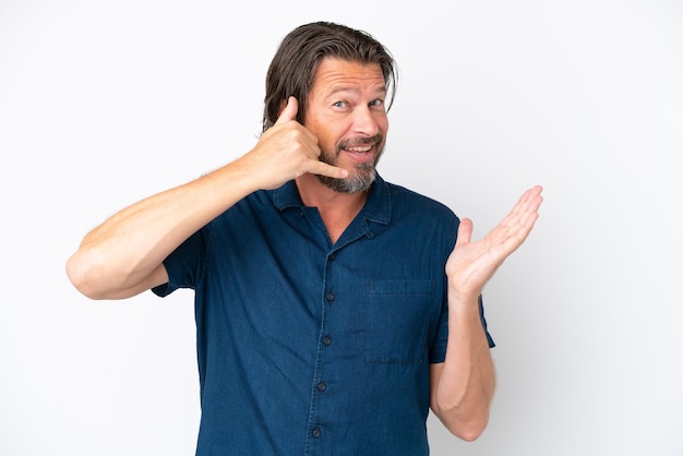 Senior dutch man isolated on white background making phone gesture and doubting