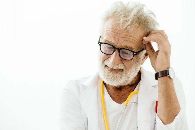 Senior elderly doctor scientist stressful unsolved problem thinking gesture closeup on white background