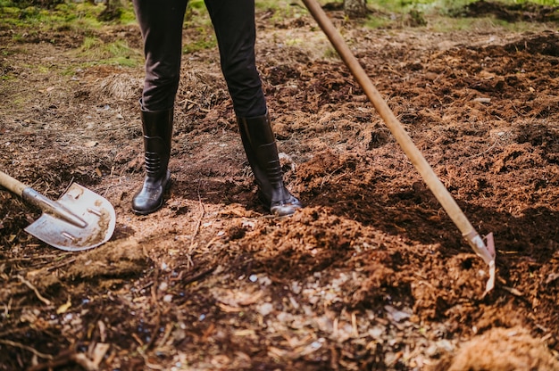 Senior elderly gardener woman digging caring ground level at summer farm countryside outdoors using