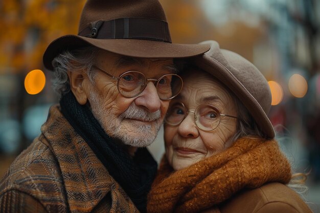 Photo senior elderly loving couple old man and woman in warm coats hats hugging walks at autumn or winter