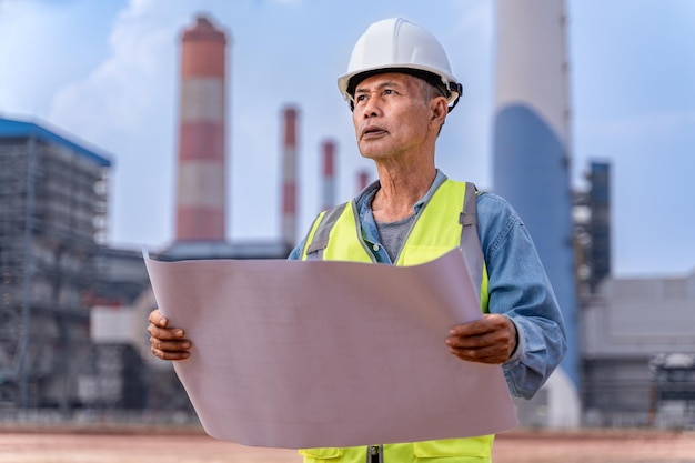 Senior engineer in his work cloths holding construction blueprints to check on the project progress