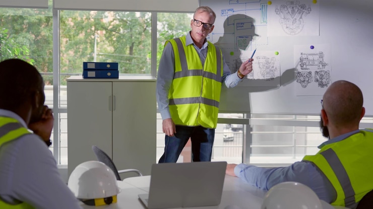 Photo senior engineer making presentation to diverse team in modern office