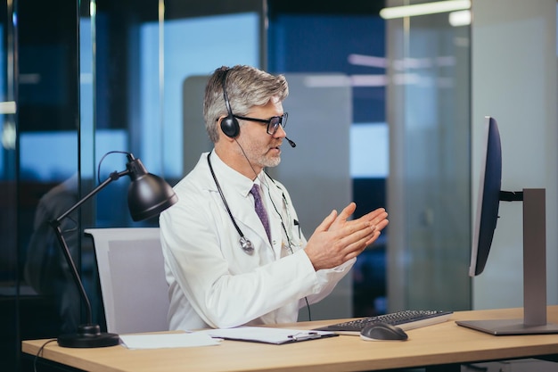 The senior and experienced doctor on video communication consults the patient uses a headset the man works in office of clinic