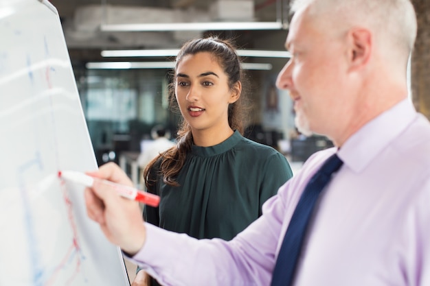 Senior Expert Explaining Diagram to Business Woman