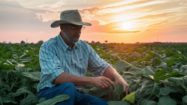 Senior farmer agronomist in soybean field overlooking and checking crops before harvest