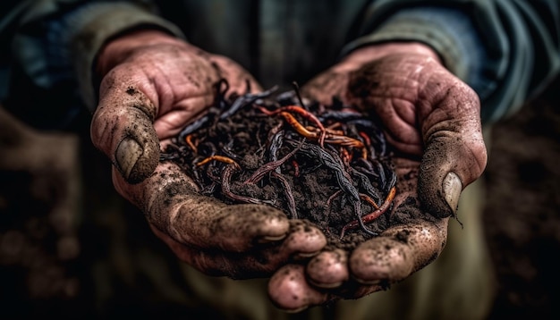 Senior farmer holding dirt planting organic vegetables generated by AI